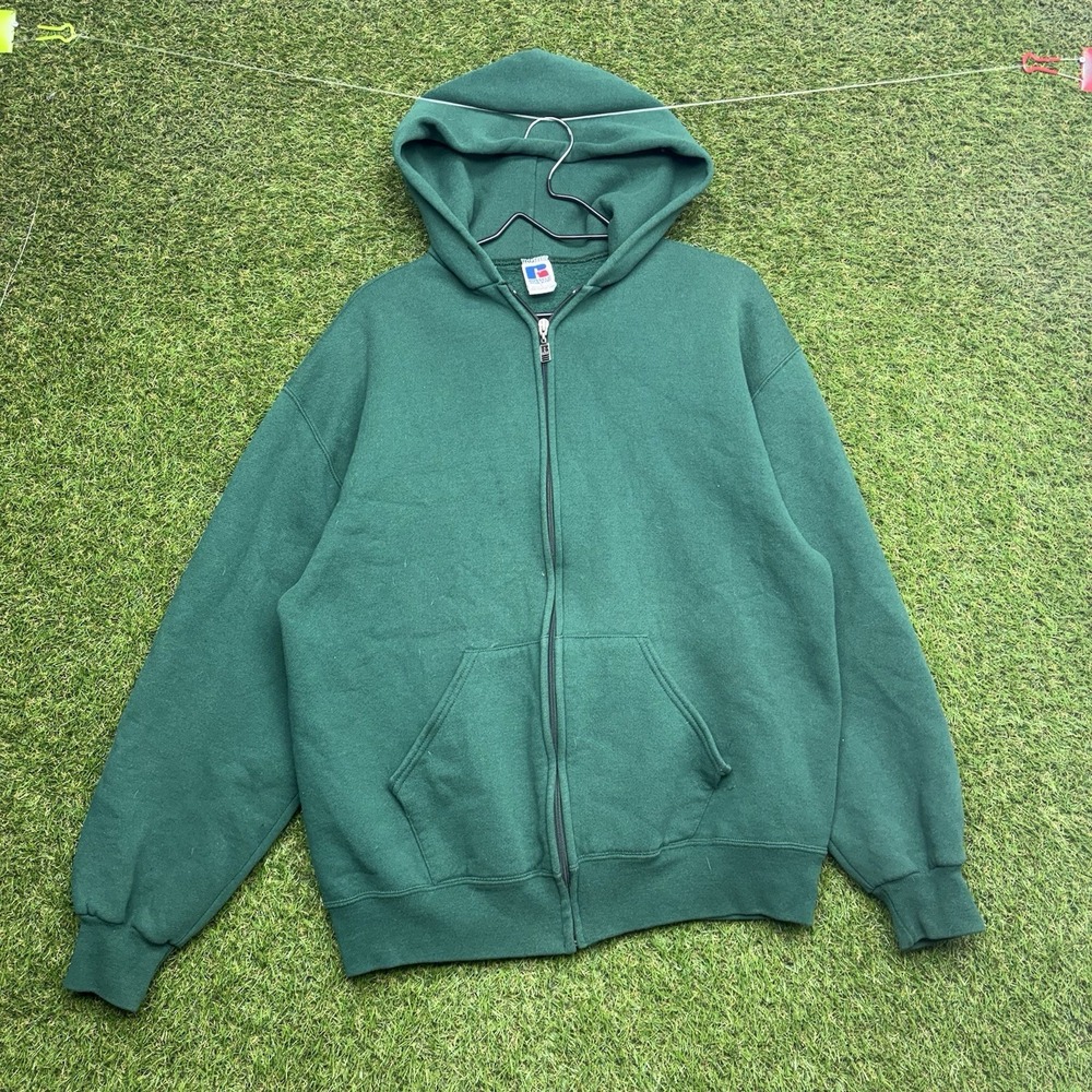 VTG Russell Athletic Hoodie Mens Large Green Sport Full Zip USA Blank Sweatshirt